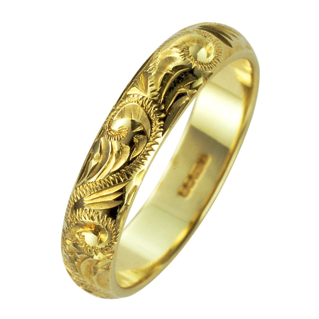 D-Shape Engraved Yellow Gold Wedding Ring in 4mm Width – The London ...